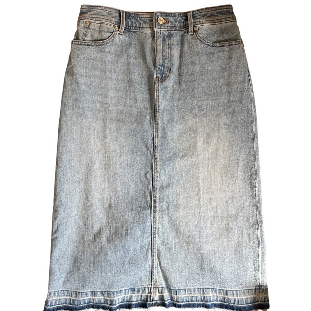 Talbots Petite Denim Midi Skirt 6P Light Wash Stretch Jean Skirt Frayed Hem